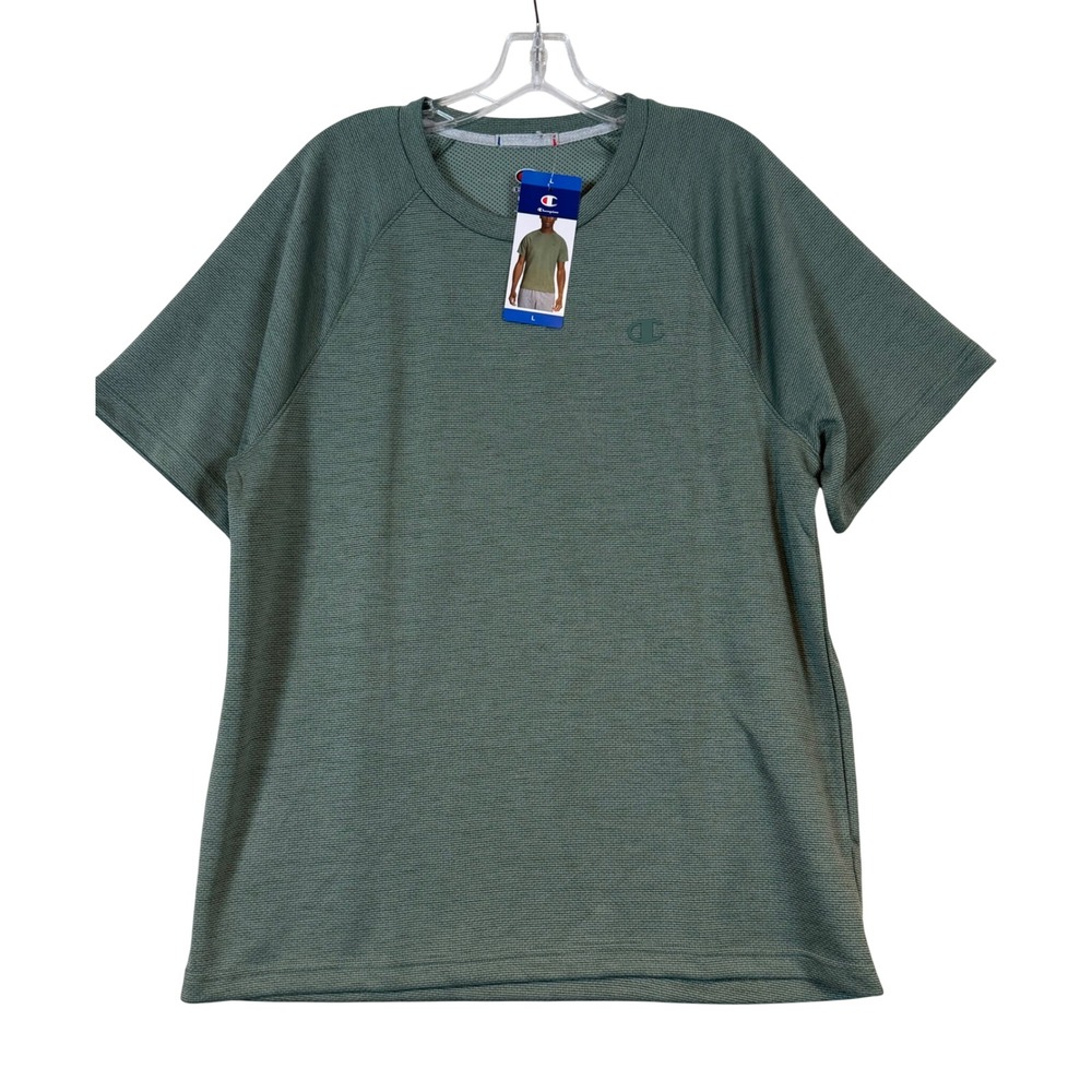 NWT Champion Men Performance T-Shirt Green Textured Mesh Raglan Short Sleeve •L•